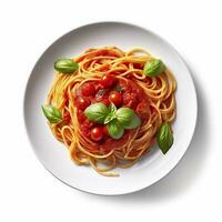 délicieux assiette de spaghetti avec tomate sauce sur une blanc Contexte génératif ai photo