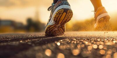 proche en haut sur le chaussure, coureur athlète pieds fonctionnement sur le route en dessous de lumière du soleil dans le Matin. ai génératif photo