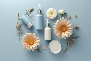 Frais floral soin de la peau concept. Haut vue plat allonger de pompe bouteille, pipette, crème bouteilles, et tubes avec fleurs sur pastel bleu Contexte avec un vide cercle pour texte ou l'image de marque. ai génératif photo