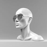 minimal scène de des lunettes de soleil et écouteurs sur Humain tête sculpture, la musique concept, 3d le rendu. ai génératif photo