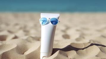 Vide vide blanc Plastique tube. crème solaire lotion sur une sablonneux plage, été composition avec des lunettes de soleil, bleu mer comme arrière-plan, copie espace. été vacances et peau se soucier concept, ai génératif photo