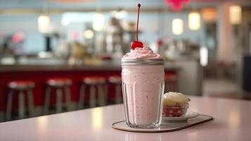 Cerise Milk-shake dans une classique américain le dîner. nourriture la photographie concept. génératif ai photo