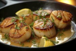 fermer de la poêle brûlé plongeur escalopes avec citron beurre blanc. génératif ai photo