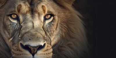 proche en haut de un africain lion. génératif ai photo