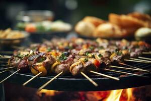 un barbecue nourriture fête été grillage Viande dans le après midi de fin de semaine content faire la fête. ai génératif photo