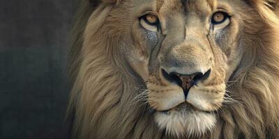 proche en haut de un africain lion. génératif ai photo