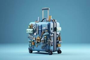 bleu valise plein de Repères et Voyage accessoires sur bleu Contexte. génératif ai photo