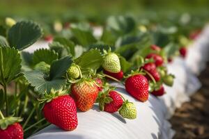 buisson de mûr biologique des fraises dans le jardin. baie fermer. génératif ai photo