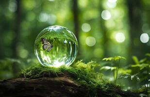 papillon et cristal Balle sur une arbre souche dans le forêt, Naturel vert Contexte. génératif ai photo