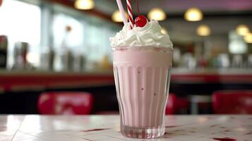 Cerise Milk-shake dans une classique américain le dîner. nourriture la photographie concept. génératif ai photo