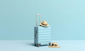 bleu valise avec des lunettes de soleil sur une pastel bleu Contexte. Voyage concept. génératif ai photo