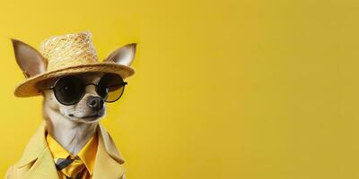 cool à la recherche chihuahua chien portant froussard mode robe. espace pour texte droite côté. génératif ai photo