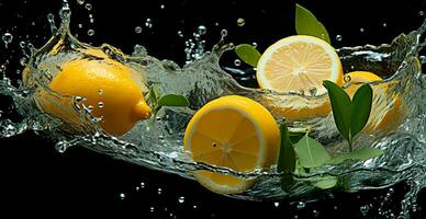 éclaboussure de citron jus avec Frais citron fruit isolé sur noir Contexte - ai généré image photo