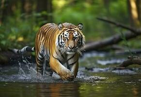 amour tigre en marchant dans le l'eau. dangereux animal. animal dans une vert forêt flux. génératif ai photo