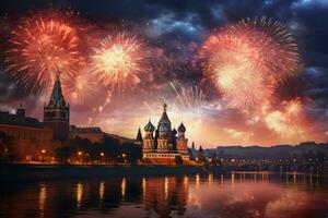 feux d'artifice plus de le kremlin et st. basilic cathédrale, Moscou, Russie, Moscou feux d'artifice, ai généré photo