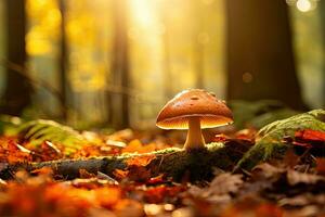 champignon dans l'automne forêt. magnifique la nature scène avec champignons, champignon dans le l'automne HD 8k fond d'écran Stock photographique image, ai généré photo