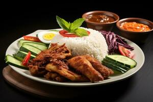 nasi Lemak malais frit poulet avec riz, nasi Lemak enveloppé dans banane feuille. malais nourriture et Malaisie drapeau, ai généré photo