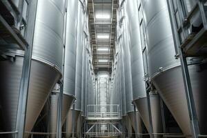 industriel zone, acier canalisations, câbles et allées dans une usine, moderne grenier ascenseur. argent silos sur agro-industrie et fabrication plante , ai généré photo