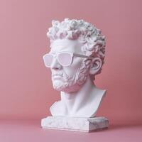 le tête de une blanc mythologique statue avec à la mode rose des lunettes sur le sien yeux, Cadre dans profil. ai génératif photo