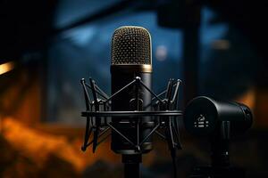 professionnel microphone sur supporter dans enregistrement studio, fermer. médias concept, moderne professionnel microphone dans enregistrement studio, ai généré photo