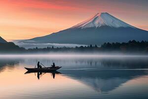pêcheur et Fuji Montagne à kawaguchiko lac, Japon, mt. Fuji ou Fujisan avec silhouette Trois pêche gens sur bateaux et brouillard à shoji Lac avec crépuscule ciel à lever du soleil, ai généré photo
