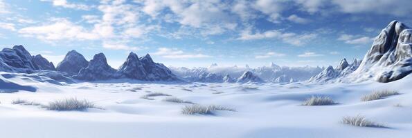 vaste désolé neige atterrir, gros montagnes dans le arrière-plan, chute de neige avec lumière bleu ciel et lumière bleu couleurs, paisible atmosphère, ai génératif photo