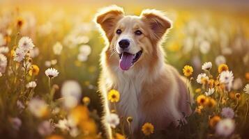 charmant corgi chien avec fleurs dans le printemps. génératif ai photo