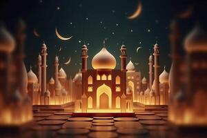 illustration de eid mubarak nuit avec lumière de une lampe, papier style, luxe content eid arrière-plan, ai génératif photo