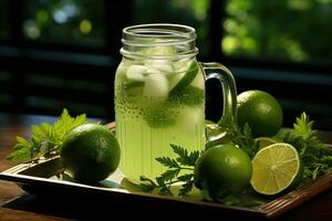 citron vert un soda prêt à servir dans le cuisine table ai généré photo