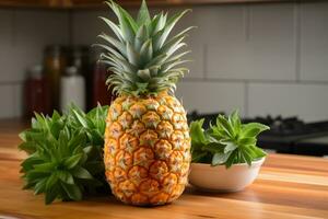 ananas prêt à servir dans le cuisine table ai généré photo