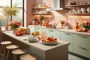 moderne cuisine décoré pour tomber pastel Couleur thème ai généré photo