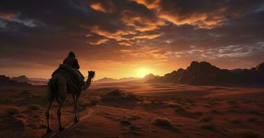 traversant le aride étendue - une seul voyageur sur une chameau traversée une vaste et aride désert paysage avec une ardent le coucher du soleil dans le Contexte. génératif ai photo