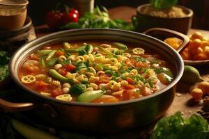 Photos de végétarien soupe de légumes avec pâtes dans intérieur cuisine table photo studio ai généré