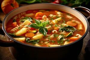 Photos de végétarien soupe de légumes avec pâtes dans intérieur cuisine table photo studio ai généré