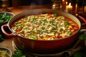 Photos de végétarien soupe de légumes avec pâtes dans intérieur cuisine table photo studio ai généré