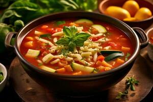 Photos de végétarien soupe de légumes avec pâtes dans intérieur cuisine table photo studio ai généré