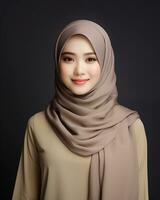 magnifique asiatique fille portant longue hijab permanent dans plaine Contexte ai génératif photo