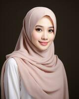 magnifique asiatique fille portant longue hijab permanent dans plaine Contexte ai génératif photo