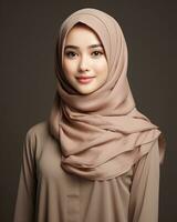 magnifique asiatique fille portant longue hijab permanent dans plaine Contexte ai génératif photo