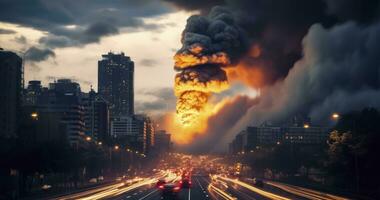 feu, fumée, et tornades dans une de la ville soir ciel. catastrophe concept. génératif ai photo