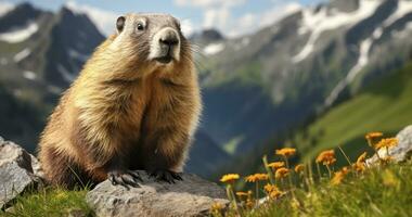 le marmotte existence dans le Montagne sauvages. génératif ai photo