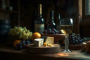 vin, fromage et les raisins dans une ancien installation. neural réseau ai généré photo