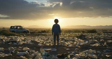 une enfant regard. affronter le réalité de Plastique déchets. génératif ai photo