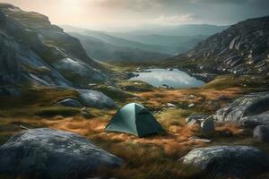 camping dans le montagnes. neural réseau ai généré photo