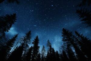 nuit ciel dans forêt, vue de étoile sur nuit ciel par arbre les brunchs. ai génératif photo