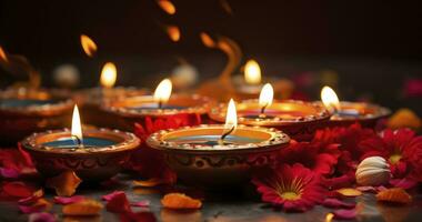 Diwali la grâce - le harmonie de lumière et fleurs dans l'Inde chéri festival. génératif ai photo