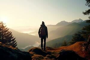 la personne randonnée dans le montagnes dans le Matin. génératif ai photo