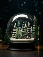 ai généré ai génération. neige globe avec Noël des arbres sur foncé Contexte. Noël concept. photo