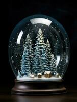 ai généré ai génération. neige globe avec Noël des arbres sur foncé Contexte. Noël concept. photo