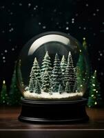 ai généré ai génération. neige globe avec Noël des arbres sur foncé Contexte. Noël concept. photo